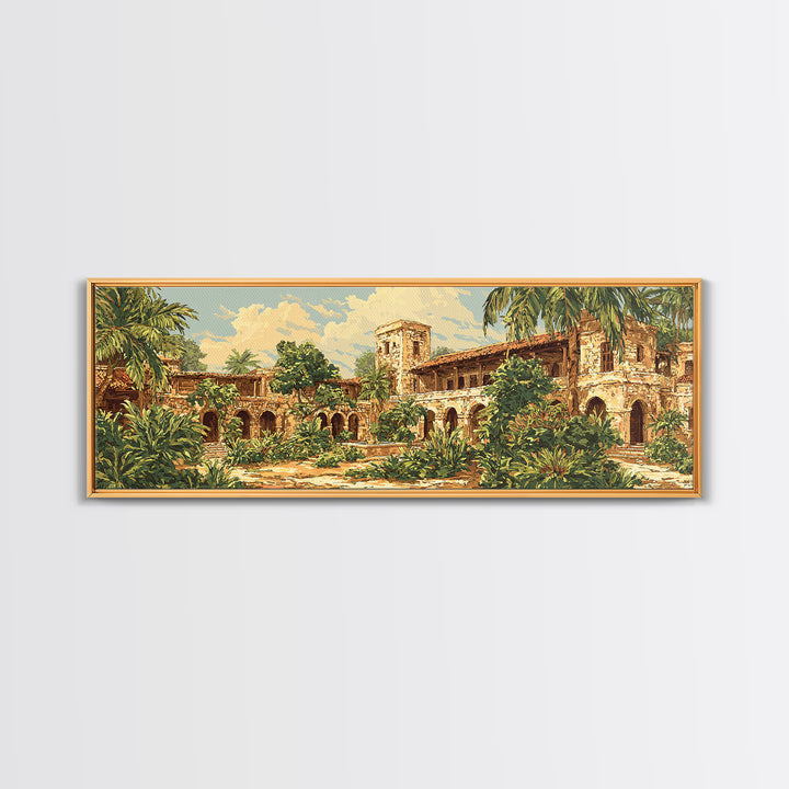 Tropical Courtyard Ruins With Palms Wall Art, African Inspired Landscape, Boho Home Decor, Living Room Canvas Print, Statement Wall Decor