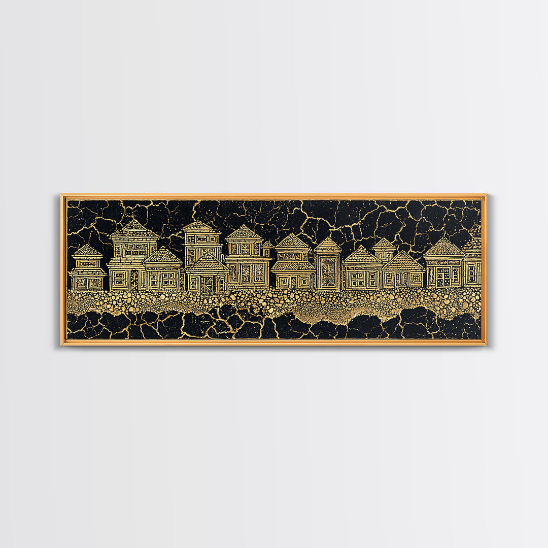 Gold Line Village On Cracked Black Wall Art, African Tribal Art, Ethnic Wall Decor, Modern Canvas Print, Cultural Home Decor