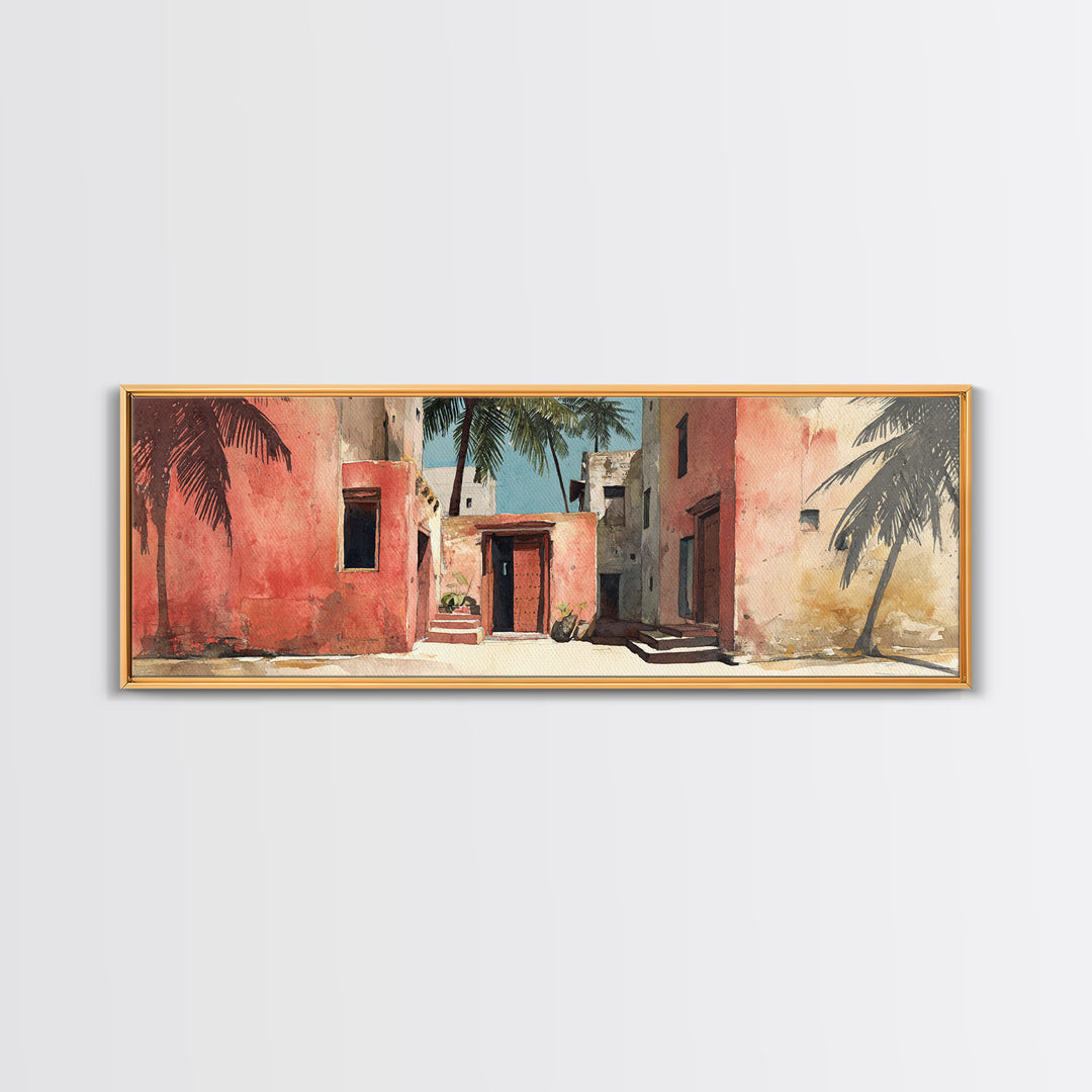 Sunlit Coral Adobe Alley With Palms Canvas Print, Moroccan Travel Poster, African Inspired Wall Art, Boho Bedroom Decor Gift