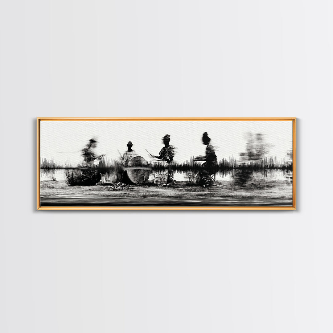 Black And White African Drummers Silhouette Wall Art, Tribal Music Decor, Afrocentric Canvas Print, Cultural Living Room Art