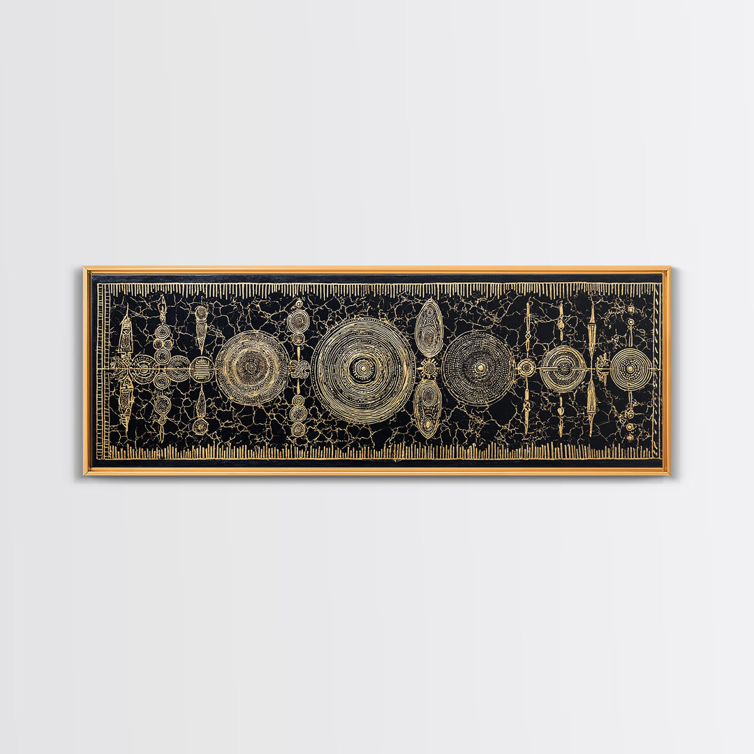 Gold Tribal Shields And Woven Kuba Patterns Framed Canvas Print, African Wall Decor, Ethnic Black Gold Cultural Art For Home