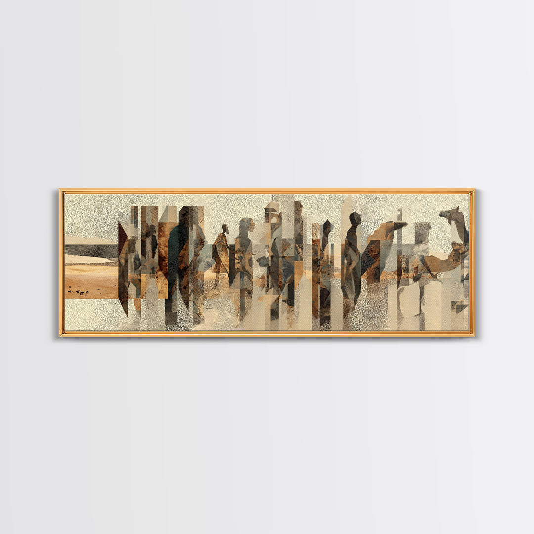 Abstract Desert Caravan With African Women Silhouettes Canvas Print, Minimalist Earth Tone Wall Decor, Cultural Portrait Art