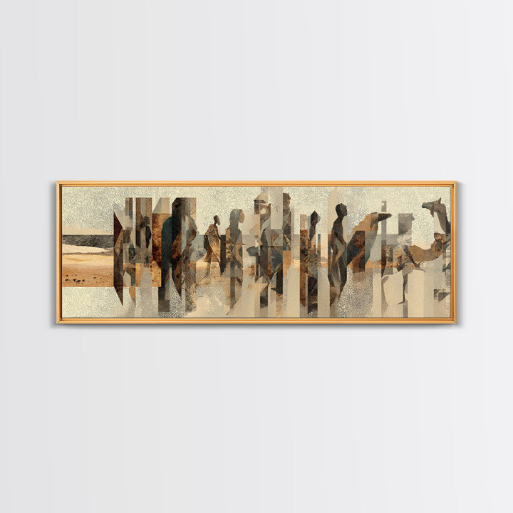 Abstract Desert Caravan With African Women Silhouettes Canvas Print, Minimalist Earth Tone Wall Decor, Cultural Portrait Art