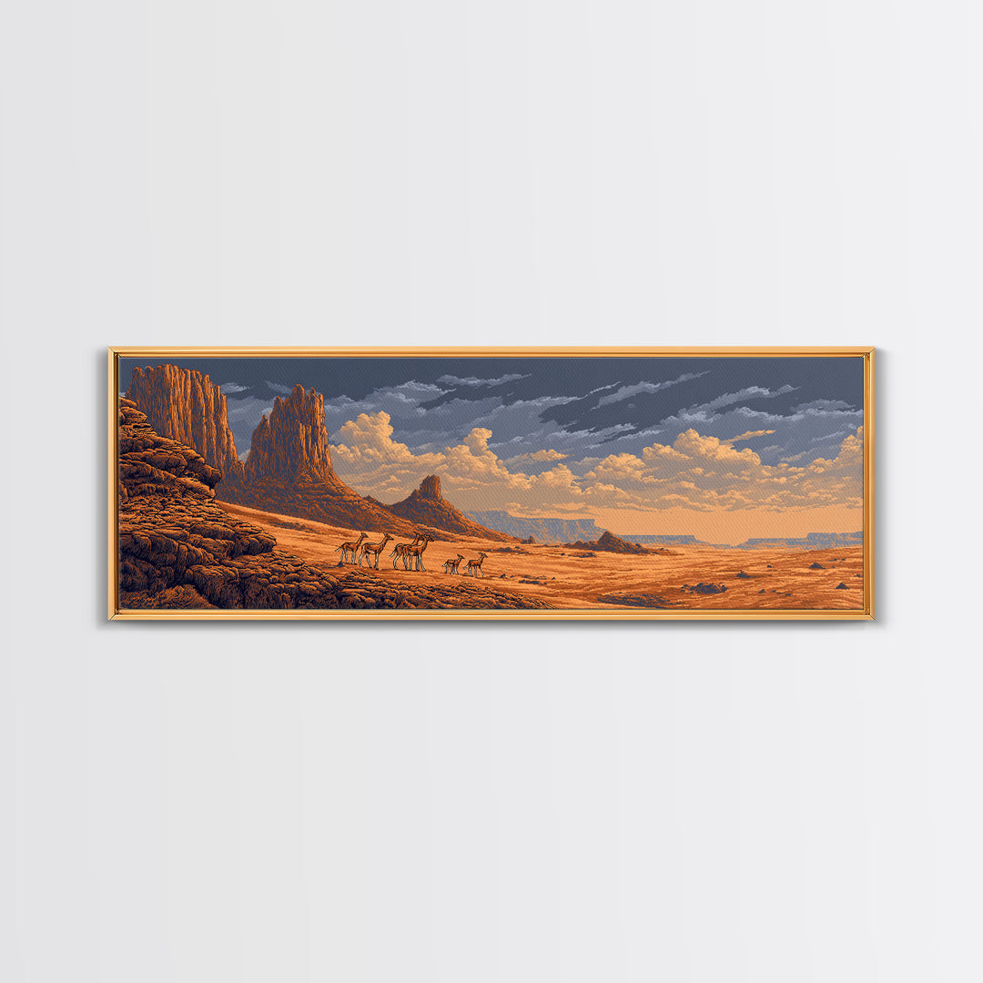 Golden Desert Safari With Antelope Herds And Mesas Wall Art, African Landscape Decor, Serengeti Inspired Canvas Print Gift