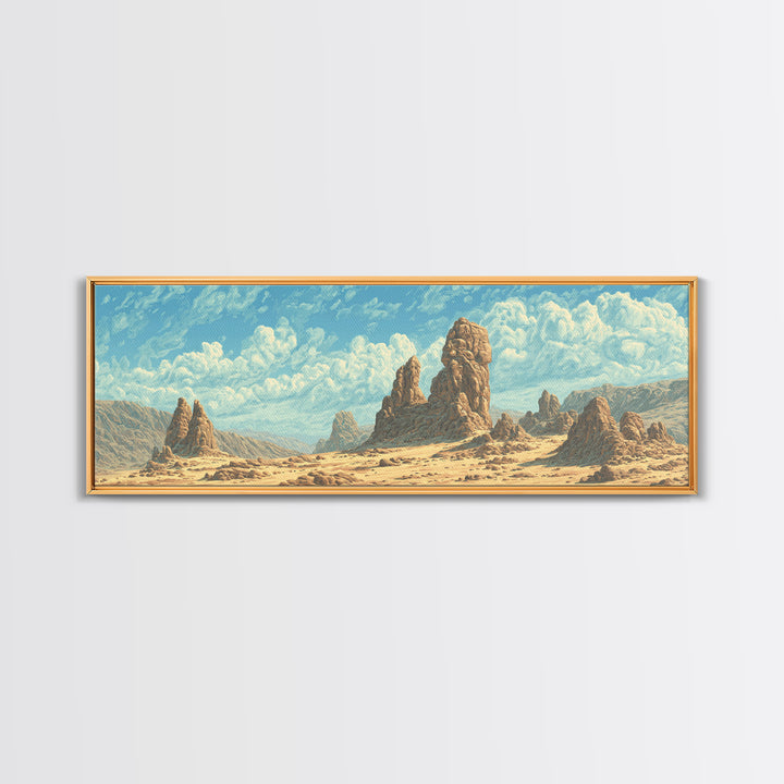 Sunlit Desert Rock Spires And Turquoise Sky Canvas Print, African Landscape Wall Decor, Dreamy Nature Scene Art For Home
