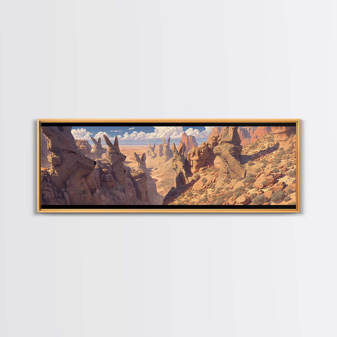 Carved Canyon Faces And Monument Valley Cliffs Wall Art, African Inspired Tribal Landscape Decor, Fantasy Canvas Print Gift