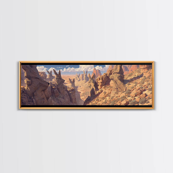 Carved Canyon Faces And Monument Valley Cliffs Wall Art, African Inspired Tribal Landscape Decor, Fantasy Canvas Print Gift