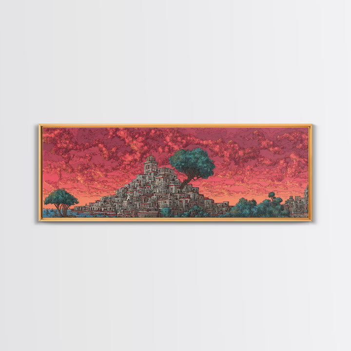 Ancient Stepped City Under Coral Sky Canvas Print, African Inspired Architecture Wall Decor, Mystical Travel Art For Home