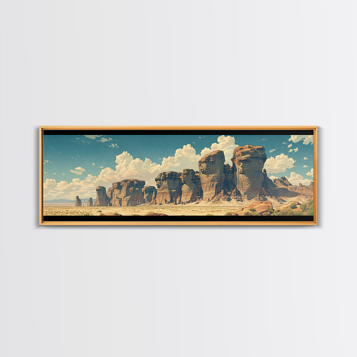 Weathered Desert Monoliths And Sunlit Sand Cliffs Framed Canvas Print, African Landscape Wall Decor, Large Safari Art Gift