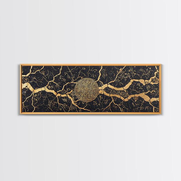 Black Gold Cracked Marble Medallion Wall Art, Luxury Abstract Wall Art, Modern Canvas Art, Elegant Home Decor Gift, Statement Wall Decor