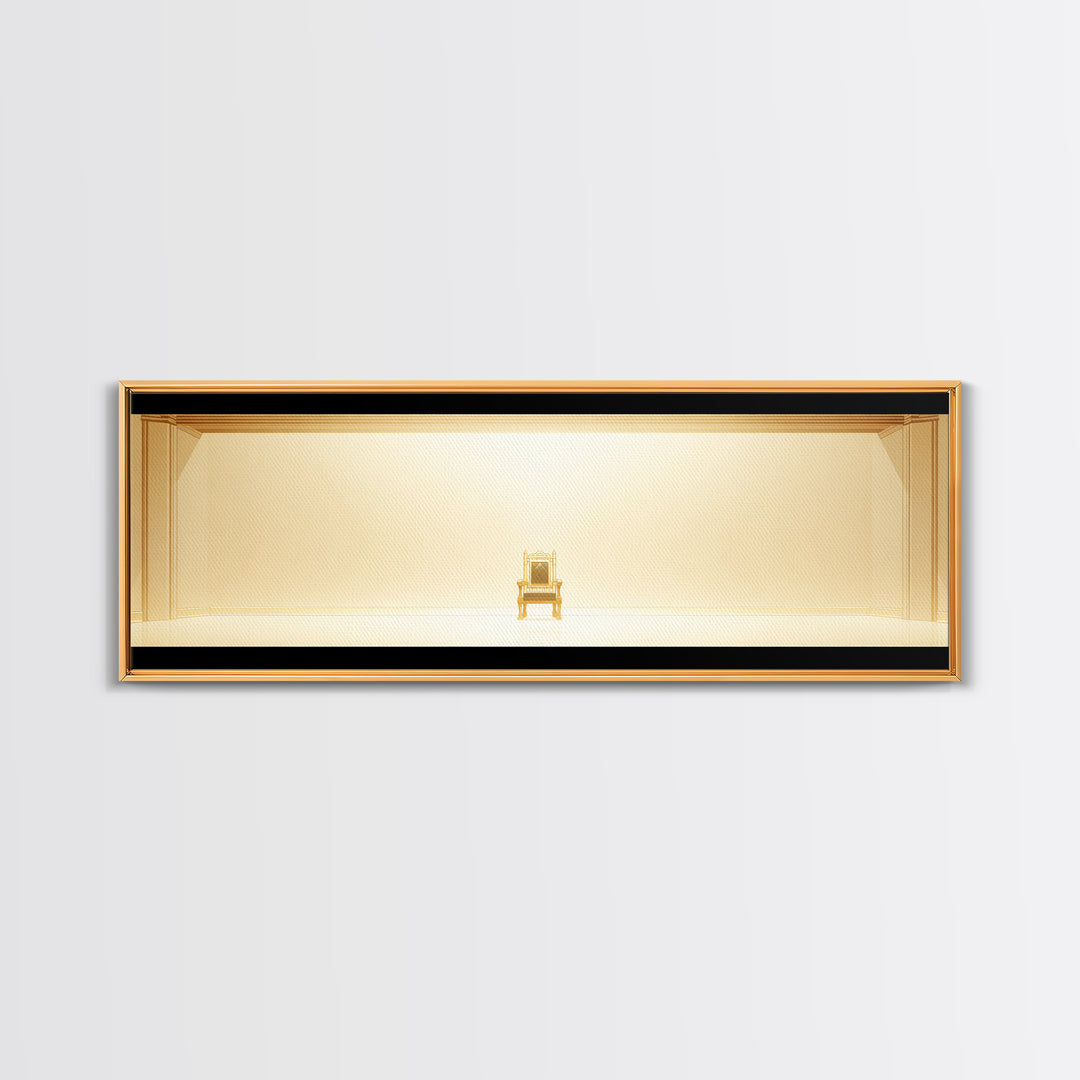 Minimal Golden Throne In Luminous Hall Framed Canvas Print, Minimalist Wall Art, Luxury Art, Elegant Home Decor Gift, Ready To Hang Art