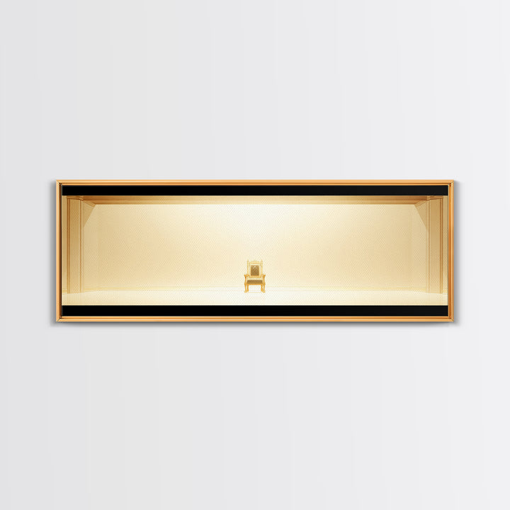 Minimal Golden Throne In Luminous Hall Framed Canvas Print, Minimalist Wall Art, Luxury Art, Elegant Home Decor Gift, Ready To Hang Art