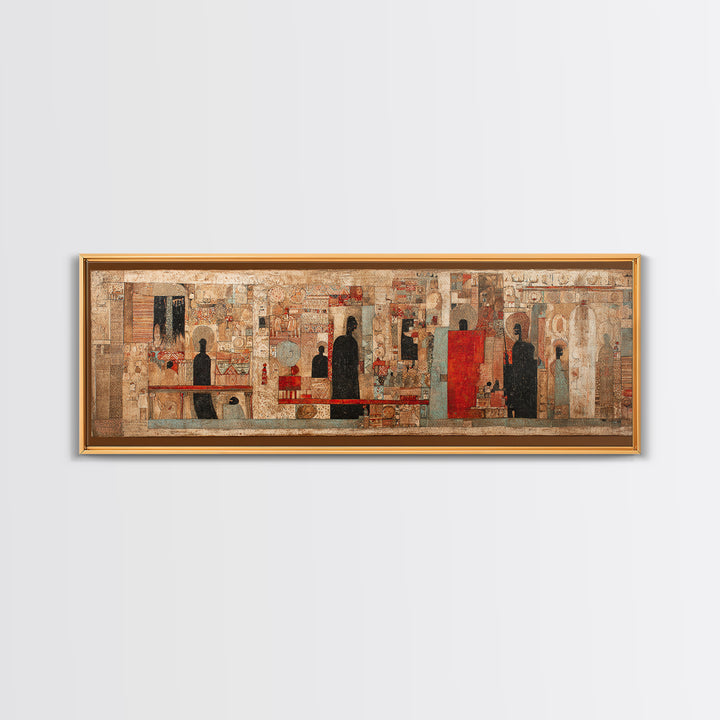 Ancient Textured Mural With Silhouetted Figures Wall Art, Cultural Wall Art, Ethnic Art Print, Abstract African Art Decor
