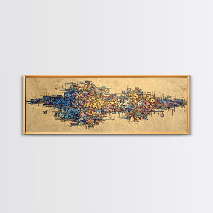 Abstract African City Map Canvas Print, Modern Geometric Wall Decor, Blue Orange Afrocentric Art, Panoramic Office Decor