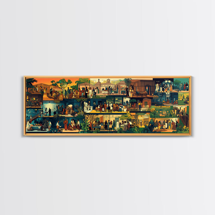 Vibrant African Village Scenes Wall Art, Narrative Marketplace Painting, Cultural Home Decor, Afrocentric Gallery Print Gift