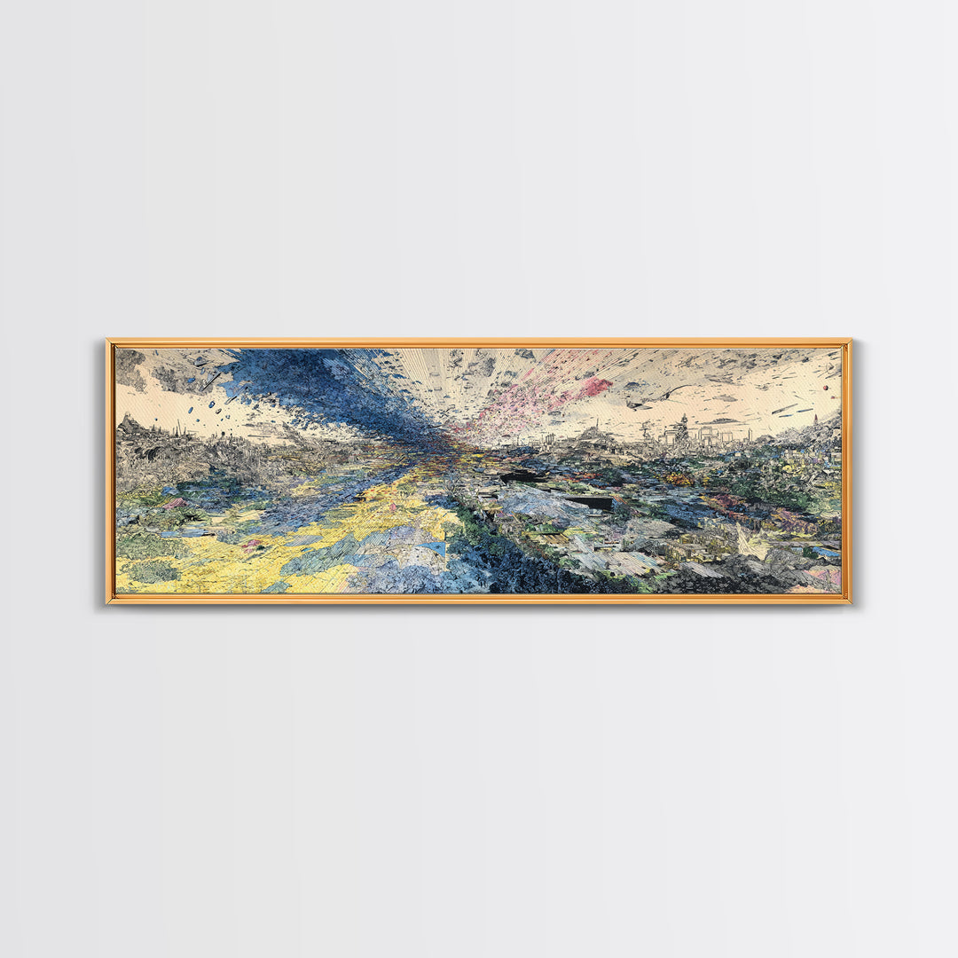 Stormy African Landscape Canvas Print, Abstract Aerial City View, Blue Yellow Modern Wall Decor, Panoramic Statement Art