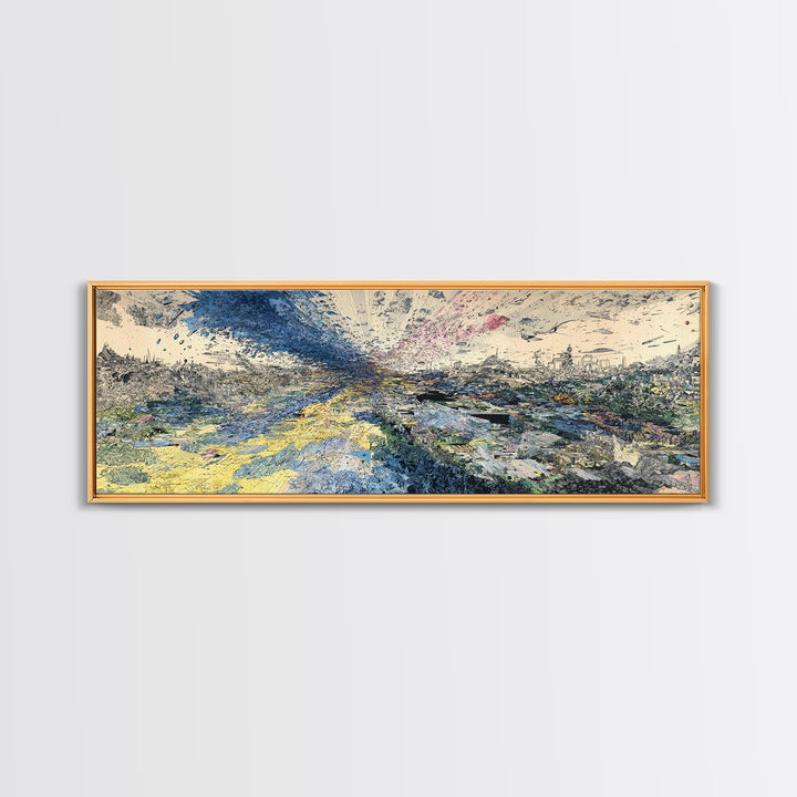 Stormy African Landscape Canvas Print, Abstract Aerial City View, Blue Yellow Modern Wall Decor, Panoramic Statement Art