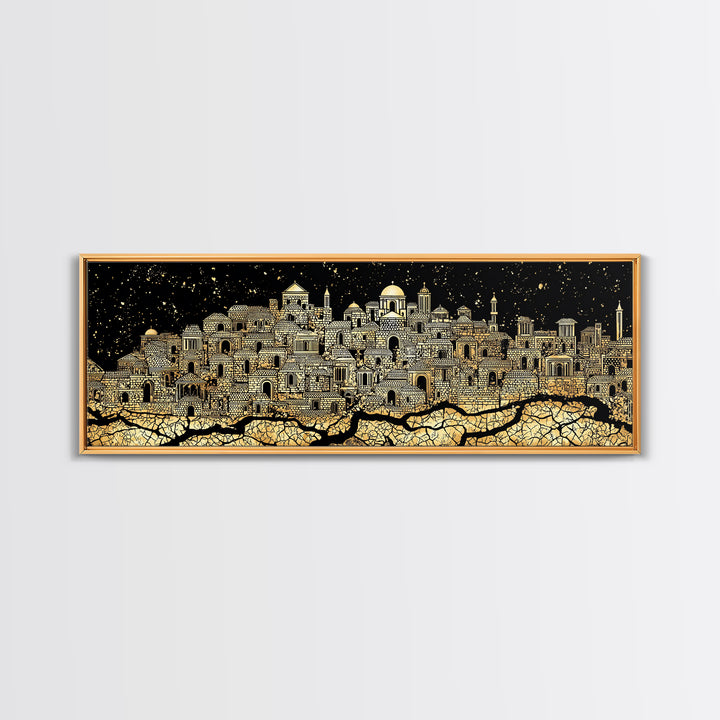 Gold African Night City Wall Art, Starry Palace Skyline, Black And Gold Cultural Decor, Panoramic Canvas Print Gift For Home