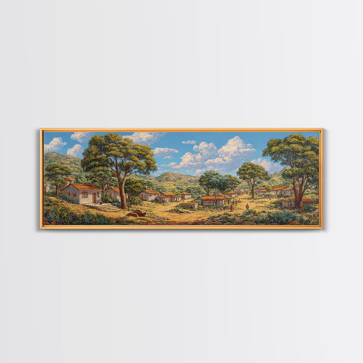 Sunlit African Countryside Landscape Wall Art, Village Nature Scene, Safari Decor, Earth Tone Panoramic Living Room Print