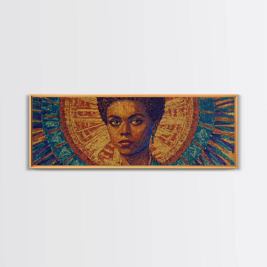 Regal Black Woman With Golden Halo Framed Canvas Print, Afrocentric Wall Art, African Queen Portrait, Melanin Decor Gift