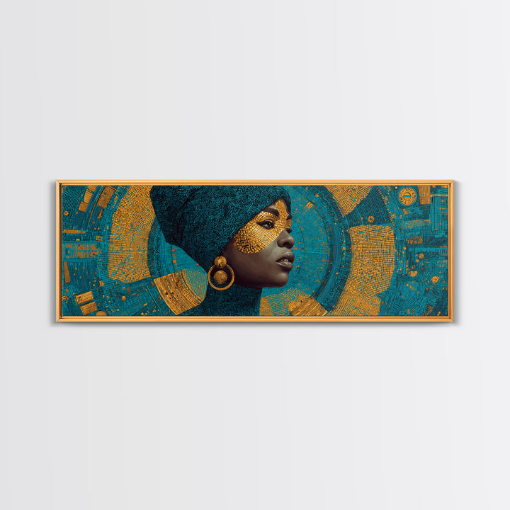 Elegant Black Queen Profile Framed Canvas Print, African Woman Art, Teal Gold Afrocentric Wall Decor, Melanin Portrait Gift