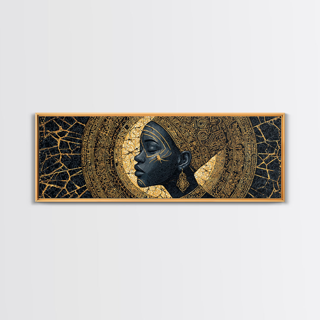 Golden Profile Black Woman Portrait, Abstract African Art Framed Canvas Print, Afrocentric Wall Art, Elegant Home Decor