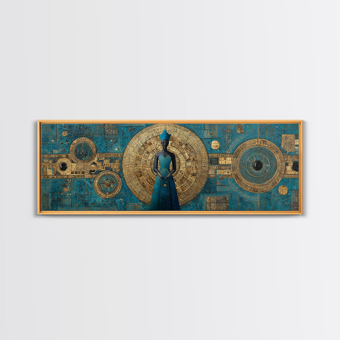Blue And Gold African Goddess Figure, Geometric African Wall Art, Luxury Canvas Print, Afrocentric Living Room Decor Gift