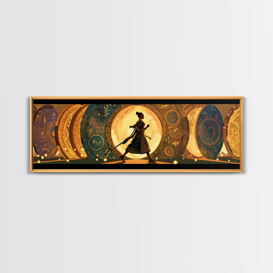 Walking African Woman Silhouette, Golden Portal Wall Art, Modern African Art Canvas Print, Boho Afrocentric Home Decor Gift