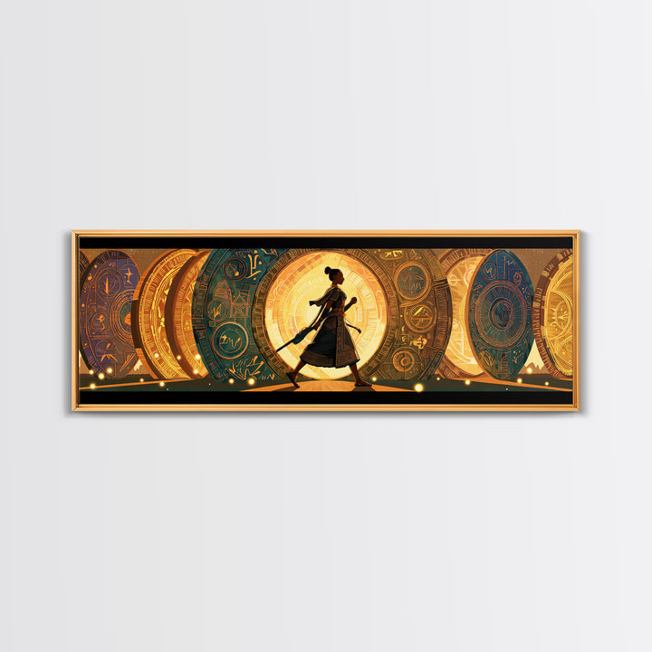 Walking African Woman Silhouette, Golden Portal Wall Art, Modern African Art Canvas Print, Boho Afrocentric Home Decor Gift