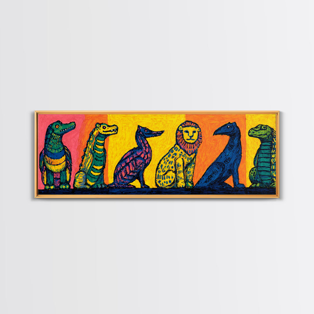 Vibrant Whimsical Safari Animal Lineup, Bright Colorful African Wall Art, Jungle Canvas Print, Playful Kids Room Decor Gift