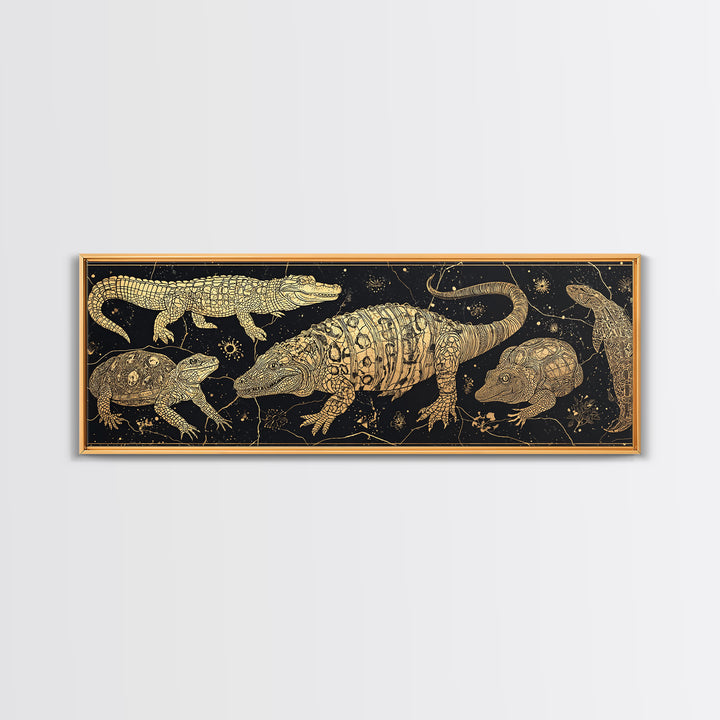 Golden Crocodile Constellation Wall Art, African Safari Reptile Print, Tribal Animal Decor, Black Gold Canvas For Living Room