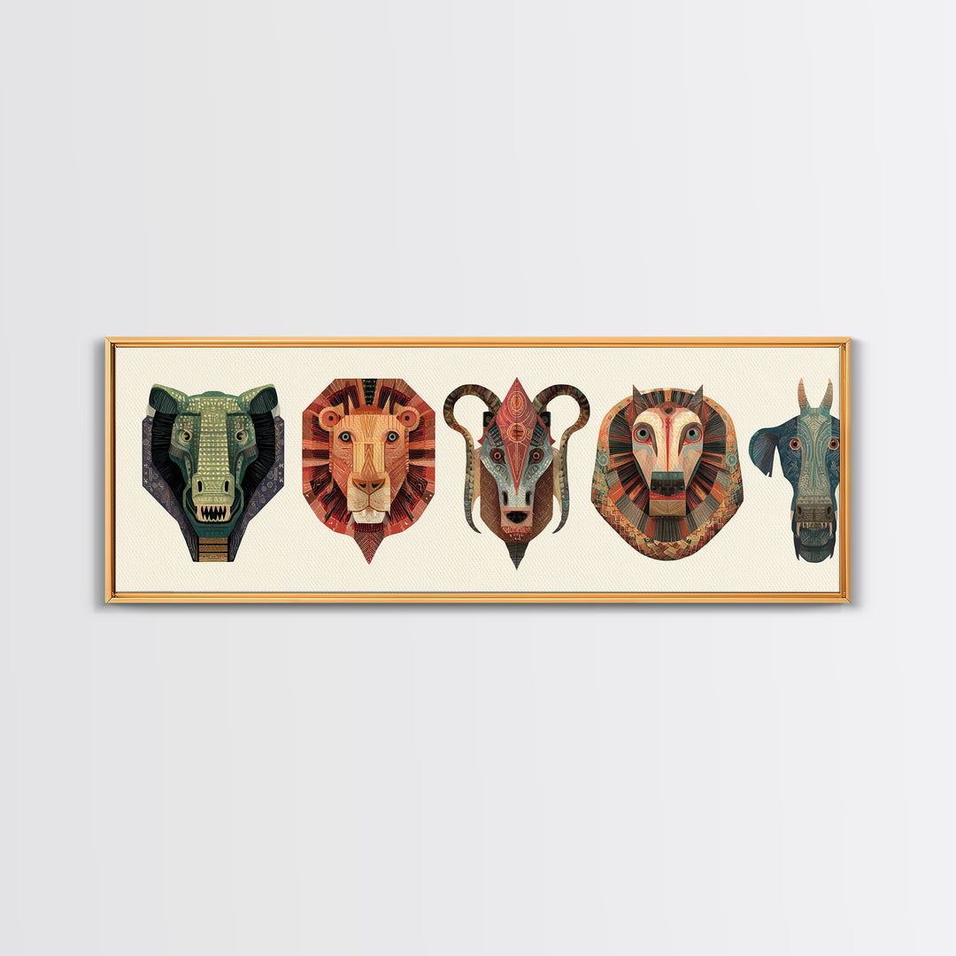 African Animal Mask Collection Framed Canvas Print, Elephant Lion Ram Baboon Tribal Wall Art, Safari Decor For Bold Home
