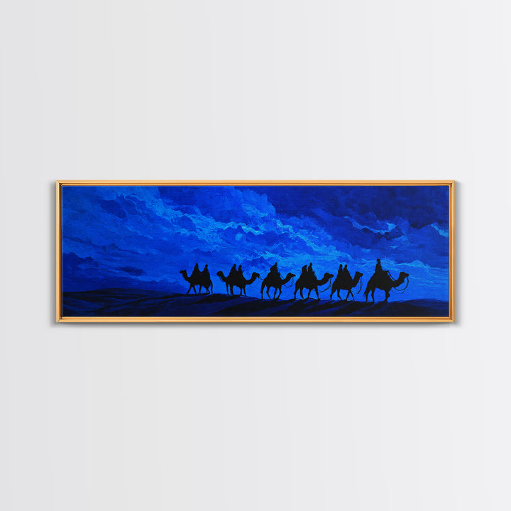 Blue Desert Camel Caravan Wall Art, Moonlit Nomad Silhouette Print, African Safari Decor, Mystical Travel Canvas For Bedroom