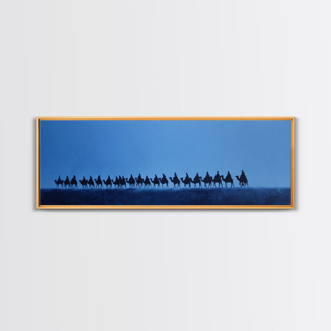 Distant Camel Caravan Canvas Print, Blue Desert Horizon Wall Art, African Travel Poster, Minimalist Safari Decor For Living Room