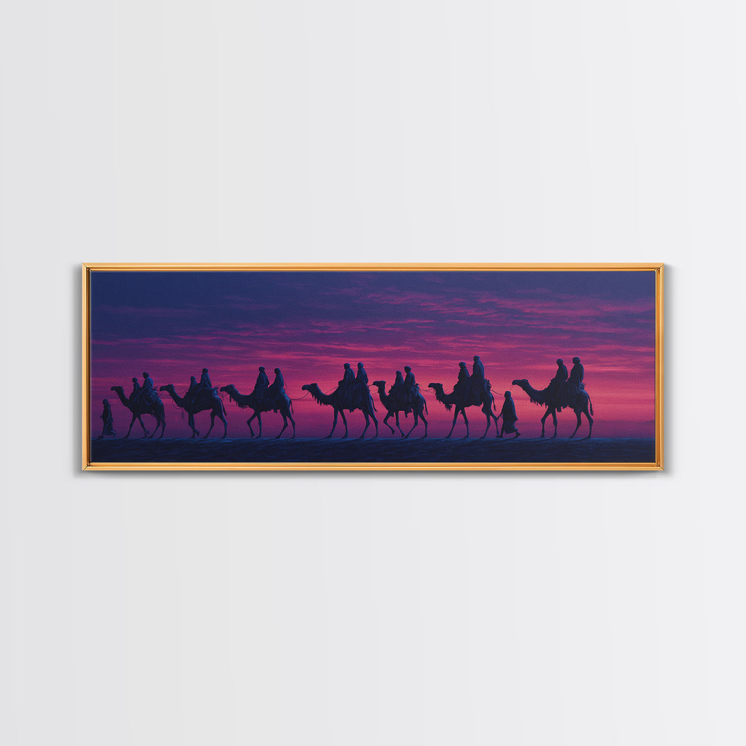 Purple Sunset Camel Caravan Wall Art, Desert Nomad Silhouette Painting, African Safari Decor, Travel Canvas Print For Bedroom
