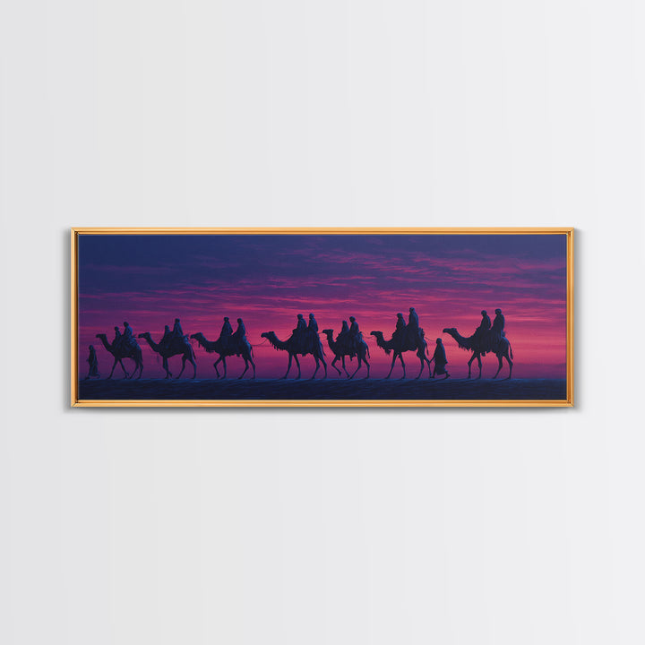 Purple Sunset Camel Caravan Wall Art, Desert Nomad Silhouette Painting, African Safari Decor, Travel Canvas Print For Bedroom