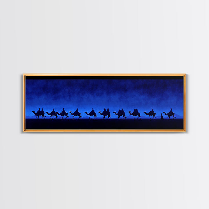 Deep Blue Camel Caravan Canvas Print, Desert Silhouette Wall Art, African Safari Poster, Minimalist Travel Decor For Home