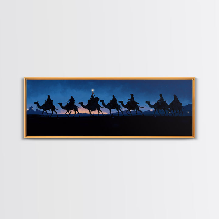 Night Camel Caravan Framed Canvas Print, Blue Desert Silhouette Wall Art, African Safari Travel Decor, Nomad Scene For Home