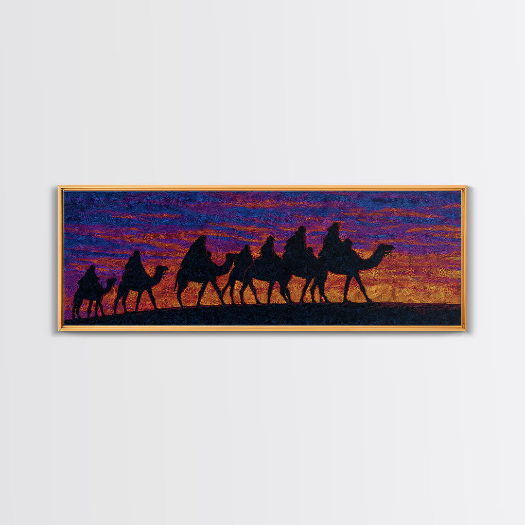 Vibrant Sunset Camel Caravan Silhouette Canvas Print, African Safari Wall Decor, Boho Desert Landscape, Colorful Art Gift