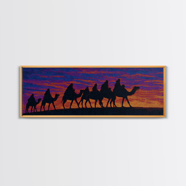 Vibrant Sunset Camel Caravan Silhouette Canvas Print, African Safari Wall Decor, Boho Desert Landscape, Colorful Art Gift