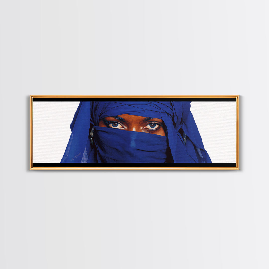 Blue Veiled Woman Eyes Portrait Wall Art, African Woman Art Print, Elegant Black Beauty Decor, Tuareg Canvas Print Gift For Her