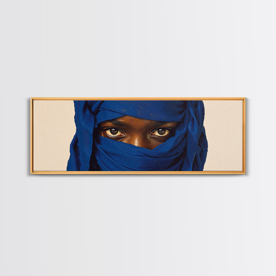 Intense Blue Veiled Eyes Portrait Canvas Print, African Woman Wall Art, Black Female Art, Minimalist Sahara Home Decor Gift