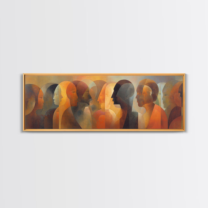 Layered African Dialogue Wall Art, Modern Afrocentric Abstract Faces, Black Culture Decor, Earth Tone Panoramic Print For Living Room