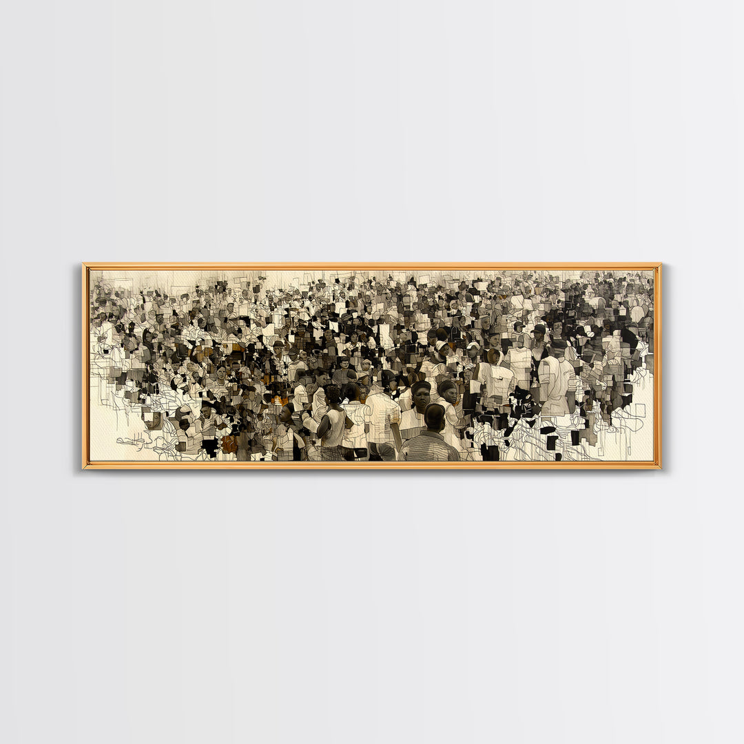Sepia African Community Wall Art, Crowded Market Portrait, Black People Culture Decor, Panoramic Canvas Print Gift For Home