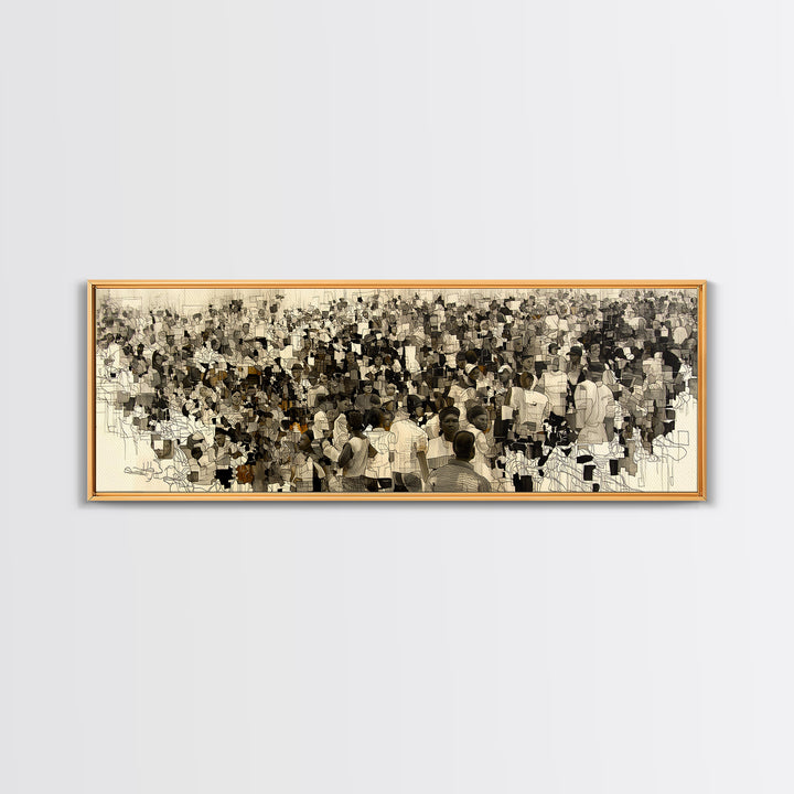Sepia African Community Wall Art, Crowded Market Portrait, Black People Culture Decor, Panoramic Canvas Print Gift For Home