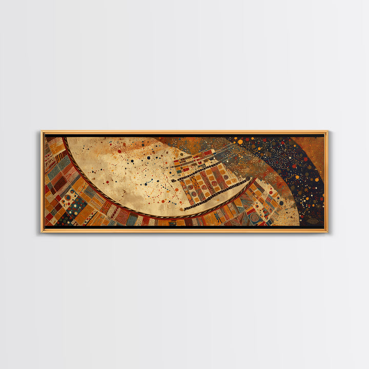 Celestial Ankara Crescent With Orange Patterns Canvas Print, African Fabric Art, Afrocentric Wall Decor, Boho Cultural Art