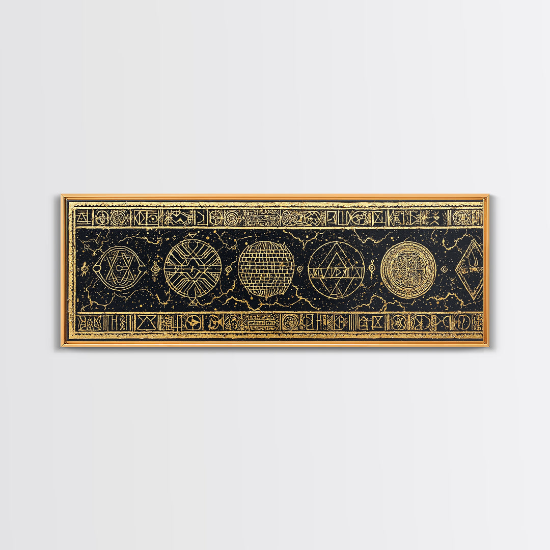 Gold Sacred Geometry Symbols On Black Canvas Print, African Patterns, Tribal Wall Art, Mystical Meditation Home Decor Gift
