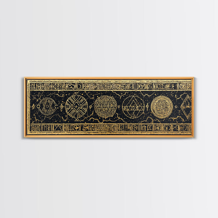 Gold Sacred Geometry Symbols On Black Canvas Print, African Patterns, Tribal Wall Art, Mystical Meditation Home Decor Gift