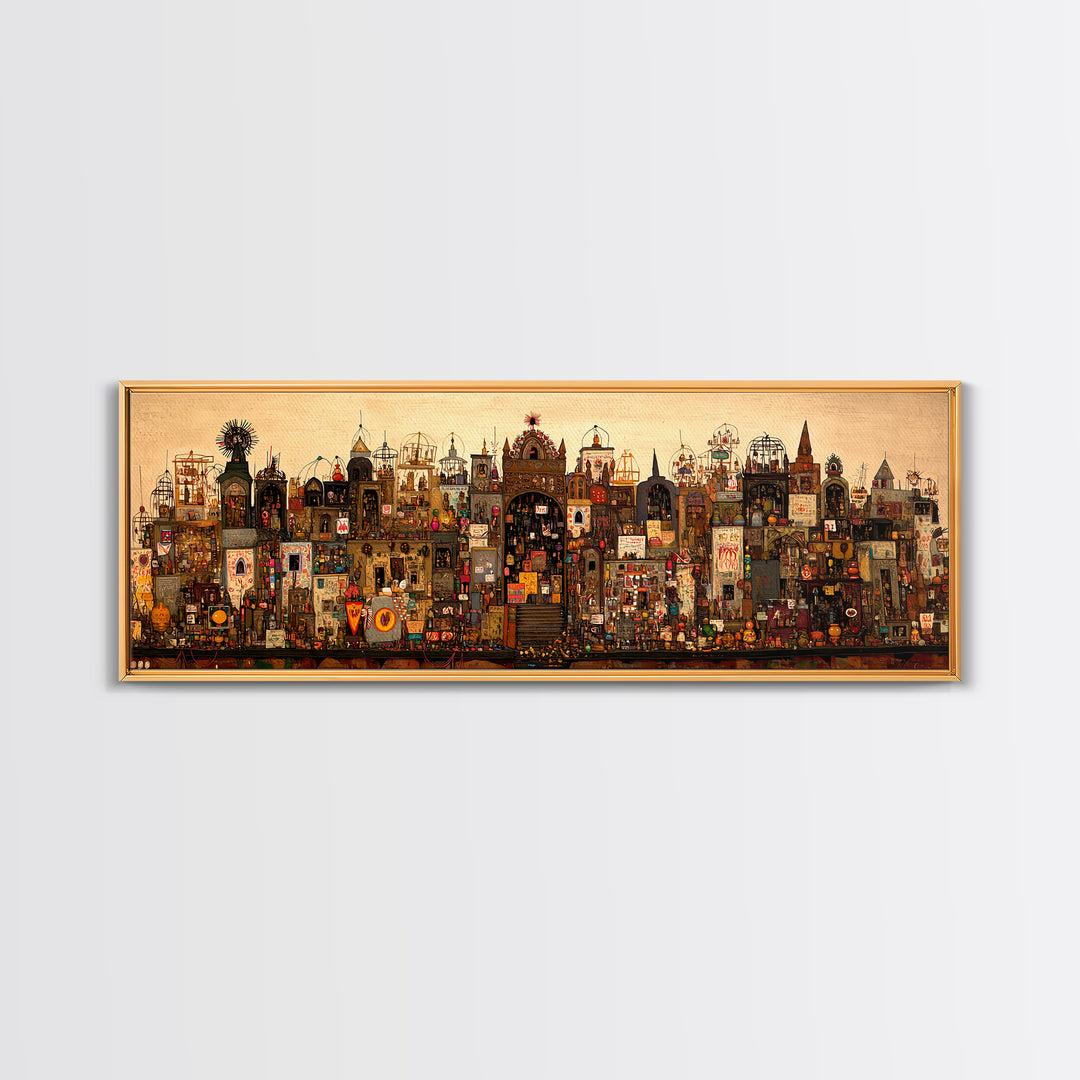 Intricate Fantasy City Shrine With Towers Canvas Print, African Inspired Wall Art, Maximalist Cultural Home Decor Unique Gift
