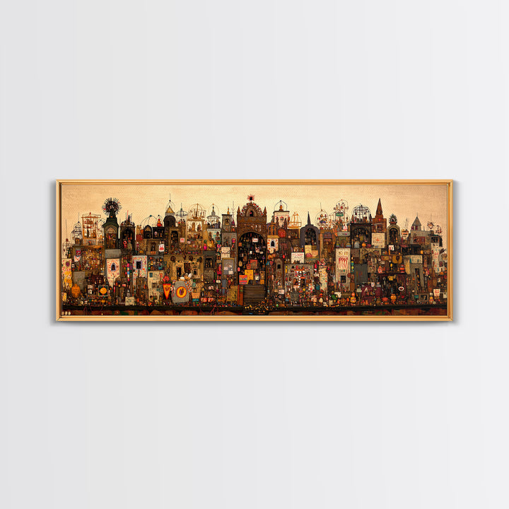 Intricate Fantasy City Shrine With Towers Canvas Print, African Inspired Wall Art, Maximalist Cultural Home Decor Unique Gift